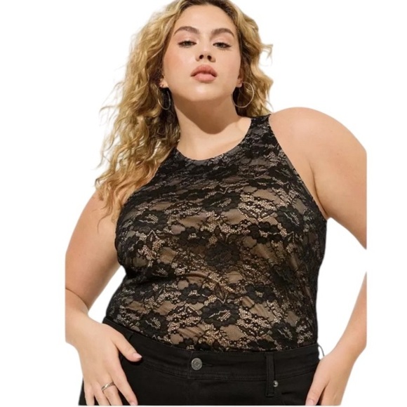 NWT Torrid Stretch Lace High Neck Tank In Deep Black - Picture 1 of 8